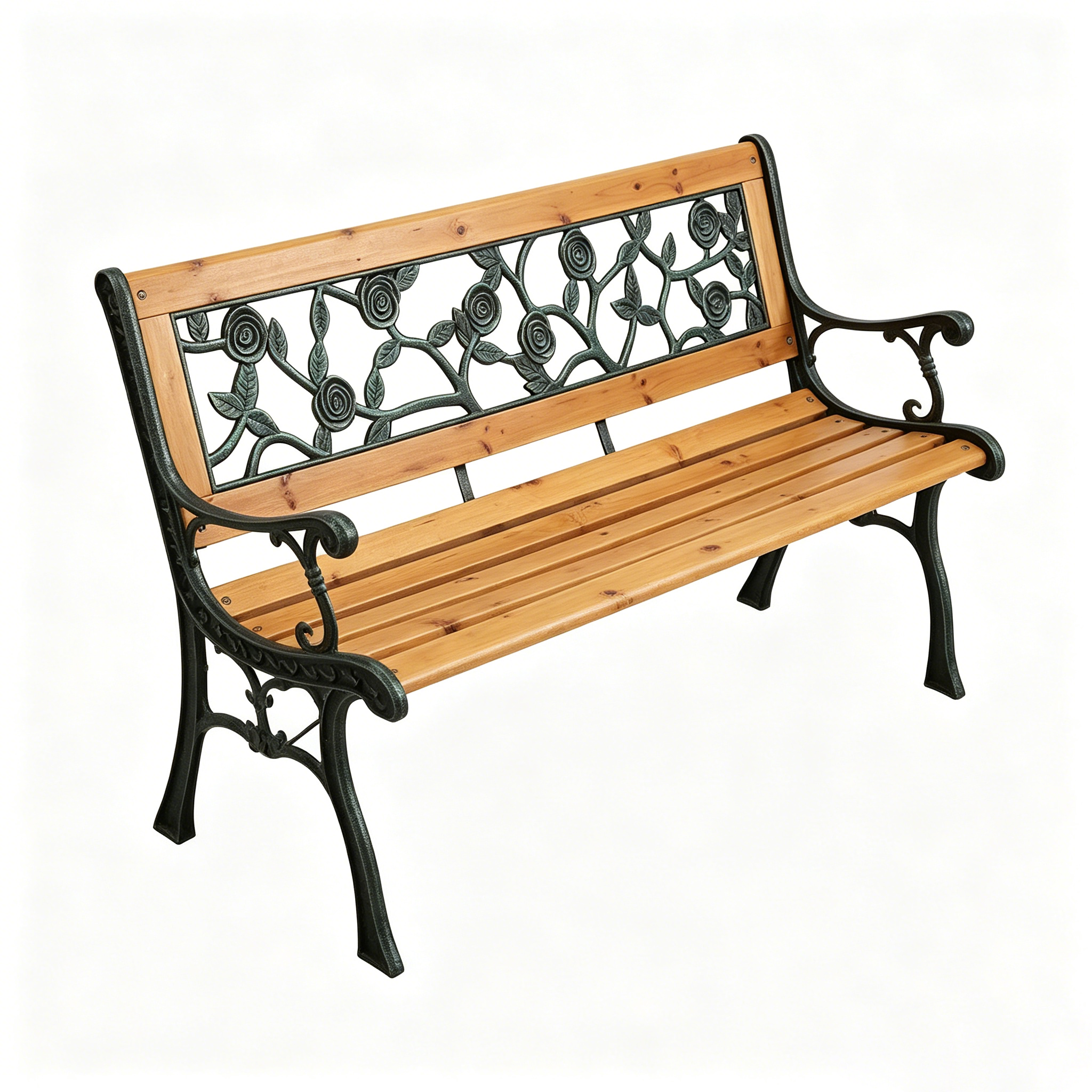 Gartenbank aus Holz und Metall mit dekorativer Rückenlehne in Blumenoptik für Terrasse und Park